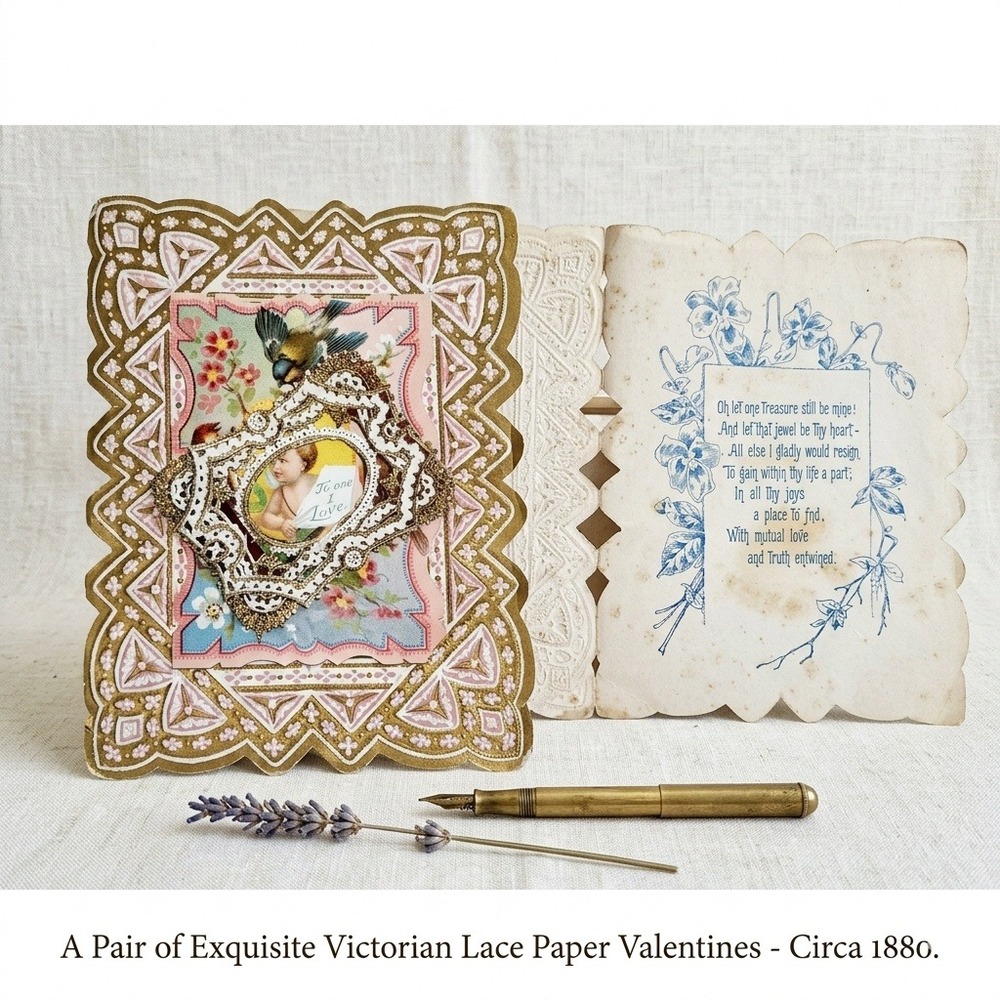 Antique Victorian Valentine Card Die Cut Lace Cherub Gilded Scrap Ephemera Art
